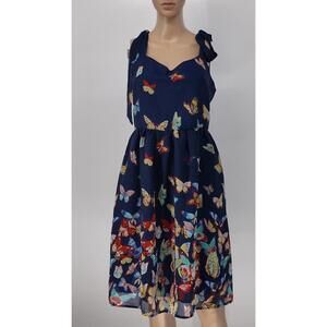 Navy‎ Blue Butterfly Print Dress XL Sleeveless Tie Shoulder Midi Summer Dress
